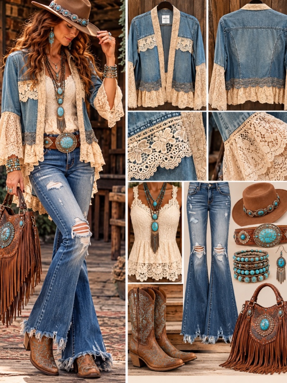 Young Threads Denim Lace Jacket Small Boho Western Shabby Chic Bell Sleeve